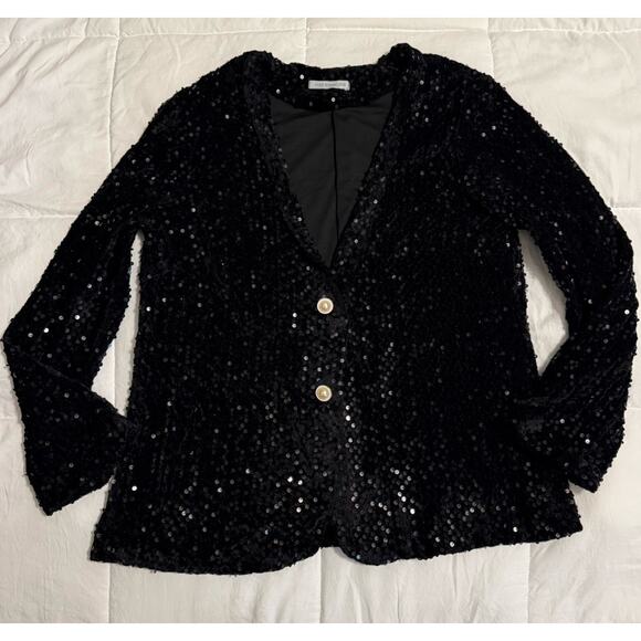 Miss Sparkling Jackets & Blazers - Women’s Black Sparkling Sequins Pearl Blazer Size Large Evening Party Wedding